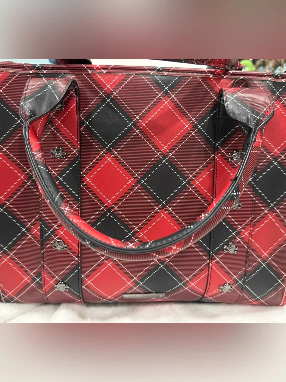 Betsey Johnson Red Plaid Tote Bag with Skull Accent and Black Fur Charm